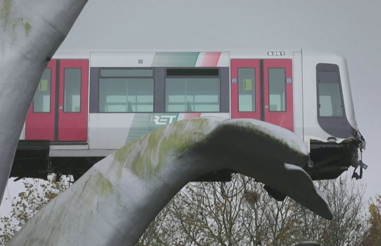 Trem é ‘salvo’ de queda por escultura de baleia na Holanda
