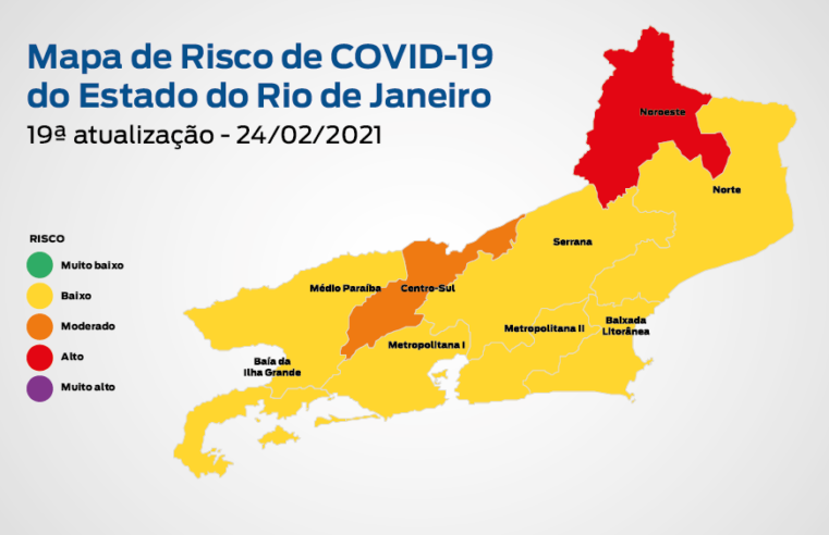 19ª edição do Mapa de Risco da Covid-19 mostra que a situação da pandemia se encontra em baixo risco (amarelo) em sete regiões do Estado do Rio de Janeiro