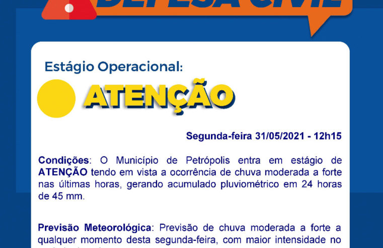 Defesa Civil opera em estágio de atenção após chegada de frente fria