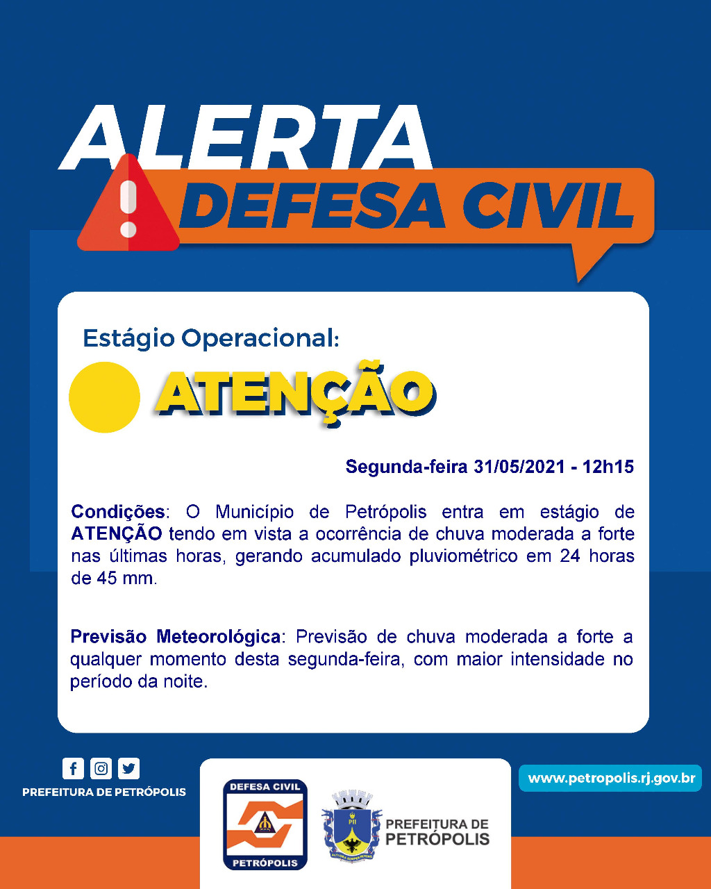 Defesa Civil opera em estágio de atenção após chegada de frente fria