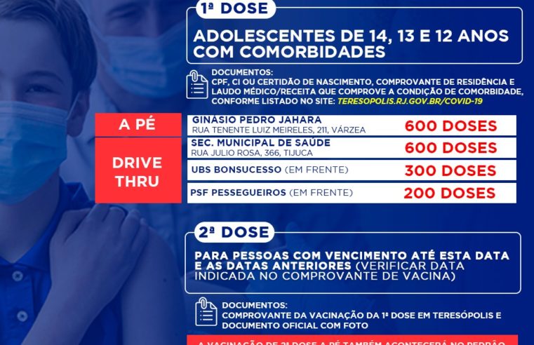 Prefeitura de Teresópolis imuniza adolescentes de 14 a 12 anos, com comorbidades, nesta quarta-feira (1)