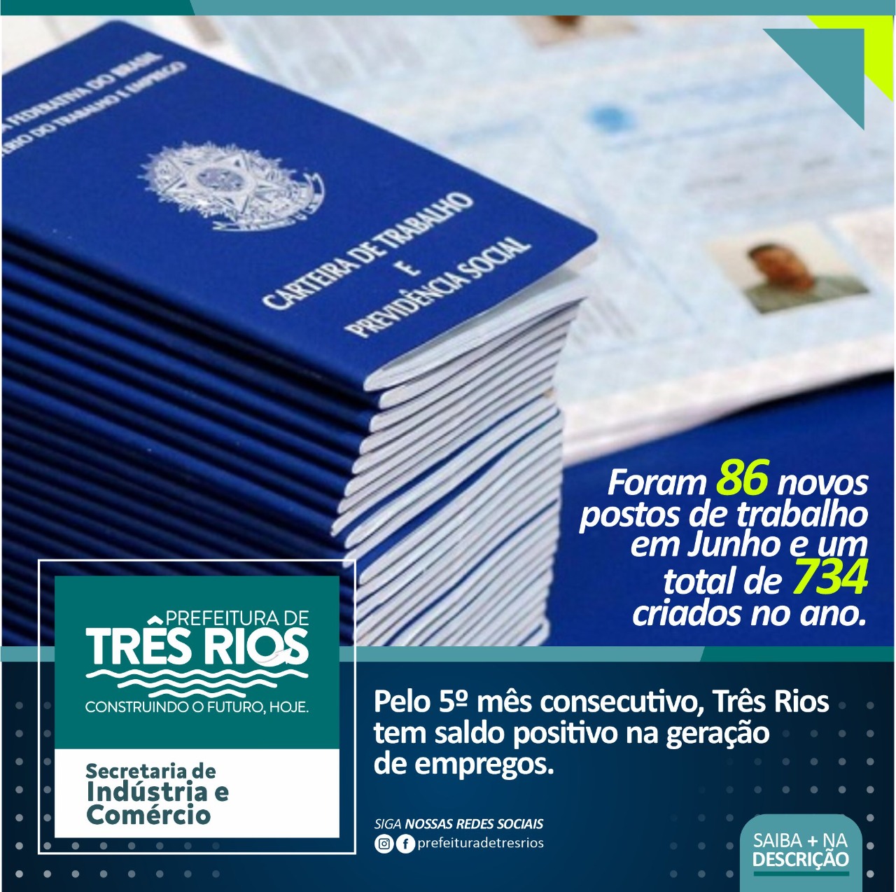 Com os 86 novos postos de trabalho gerados em junho, Três Rios soma um saldo positivo de 734 empregos criados no ano