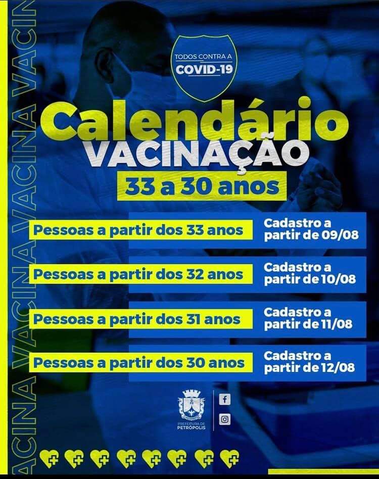 Pessoas a partir dos 33 anos podem se cadastrar hoje (09), para a vacinação contra covid-19
