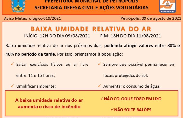 Queimadas: Defesa Civil alerta para risco de baixa umidade do ar