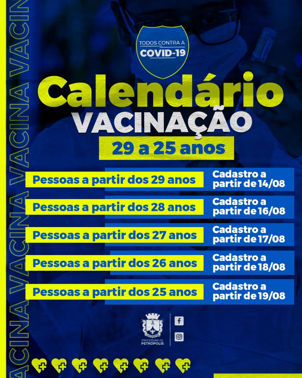 Covid-19: Prefeitura anuncia novo calendário de vacinação para próxima semana, chegando a pessoas a partir de 25 anos