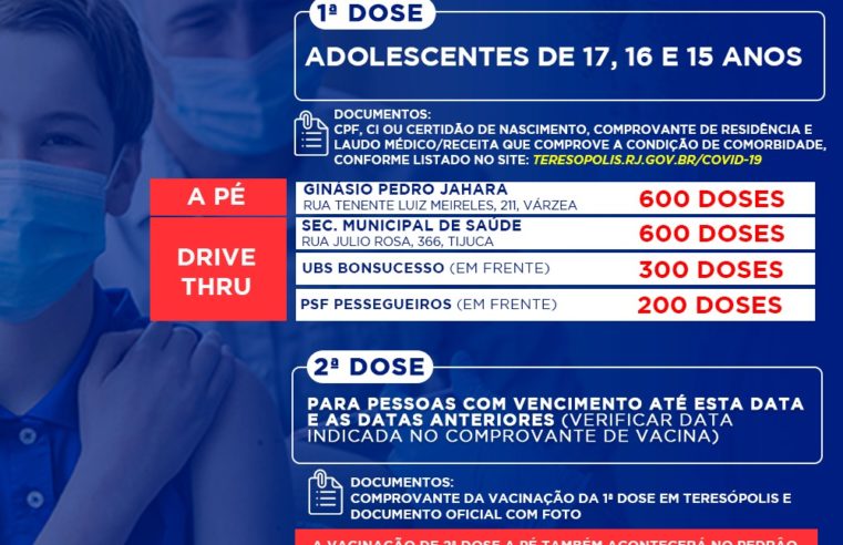 Teresópolis vacina adolescentes de 17 a 15 anos, sem comorbidades, nesta sexta-feira (3)
