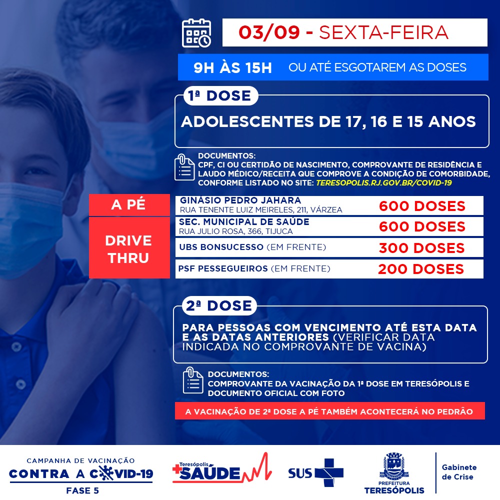 Teresópolis vacina adolescentes de 17 a 15 anos, sem comorbidades, nesta sexta-feira (3)