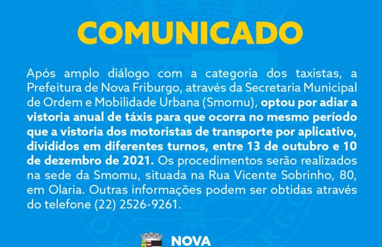 Vistoria anual de táxis em Nova Friburgo é adiada