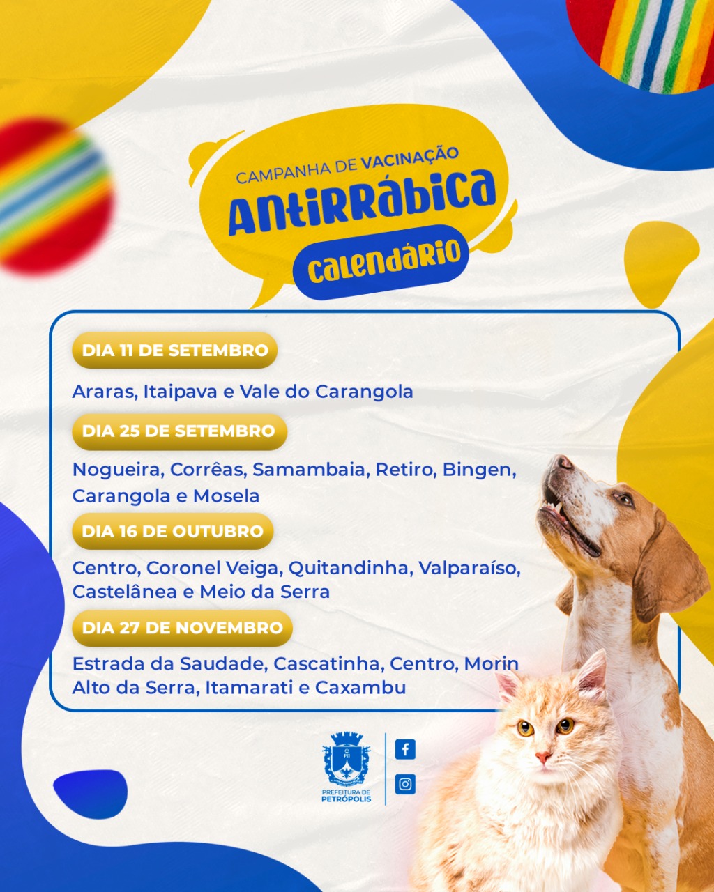 Prefeitura divulga calendário de vacinação antirrábica animal