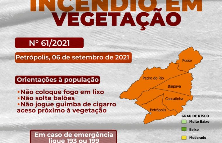 Defesa Civil emite alerta para risco de incêndios florestais em Pedro do Rio e Posse