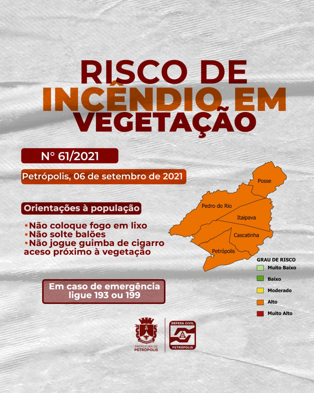 Defesa Civil emite alerta para risco de incêndios florestais em Pedro do Rio e Posse