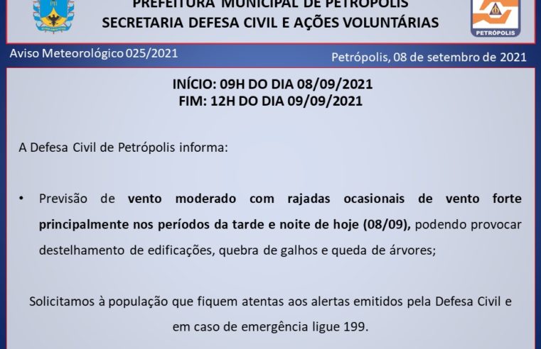 Defesa Civil alerta para a ocorrência de ventos fortes em Petrópolis