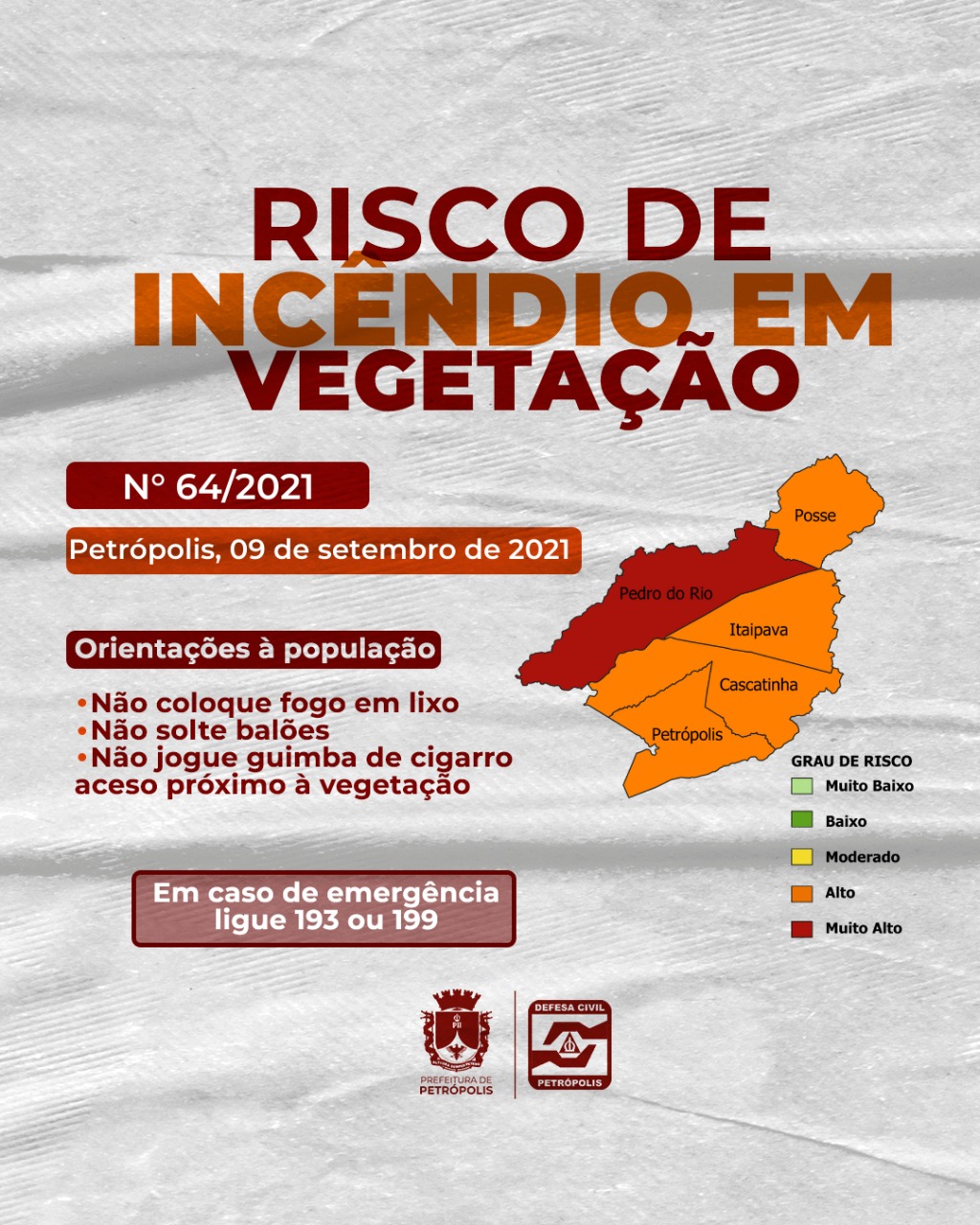 Defesa Civil de Petrópolis emite novo aviso de alto risco de ocorrência de incêndio florestal