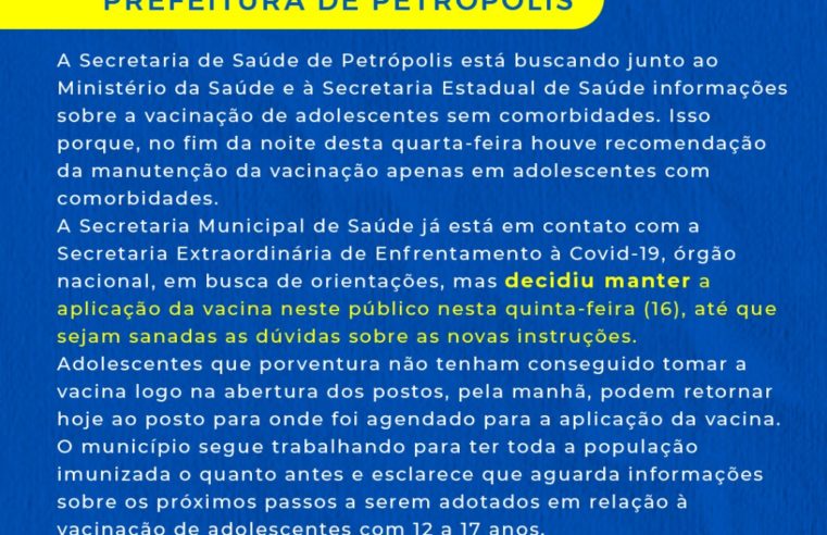 Prefeitura mantém vacinação de adolescentes
