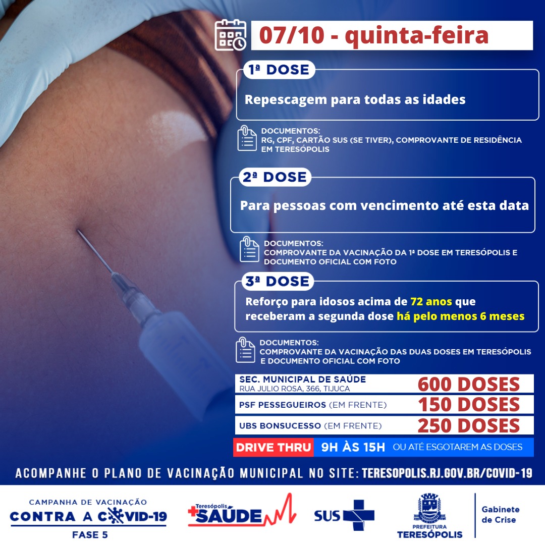Idosos acima de 72 anos receberão dose de reforço contra a Covid-19, nesta quinta-feira (7)