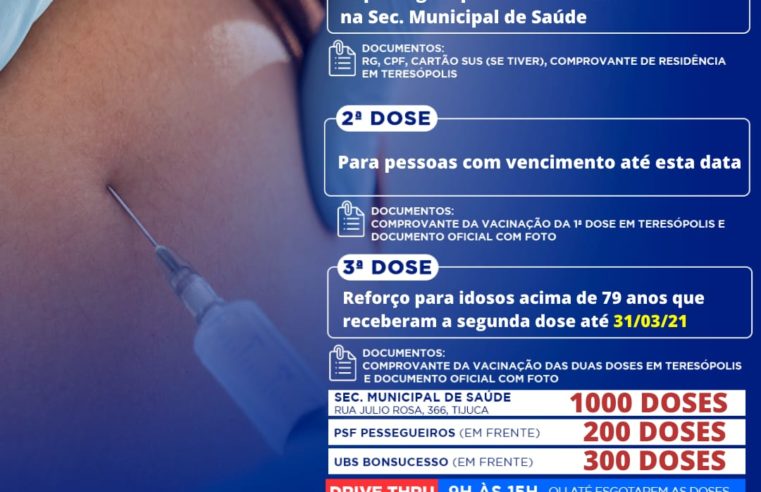 Prefeitura de Teresópolis aplica dose de reforço em idosos acima de 79 anos nesta segunda-feira (4)