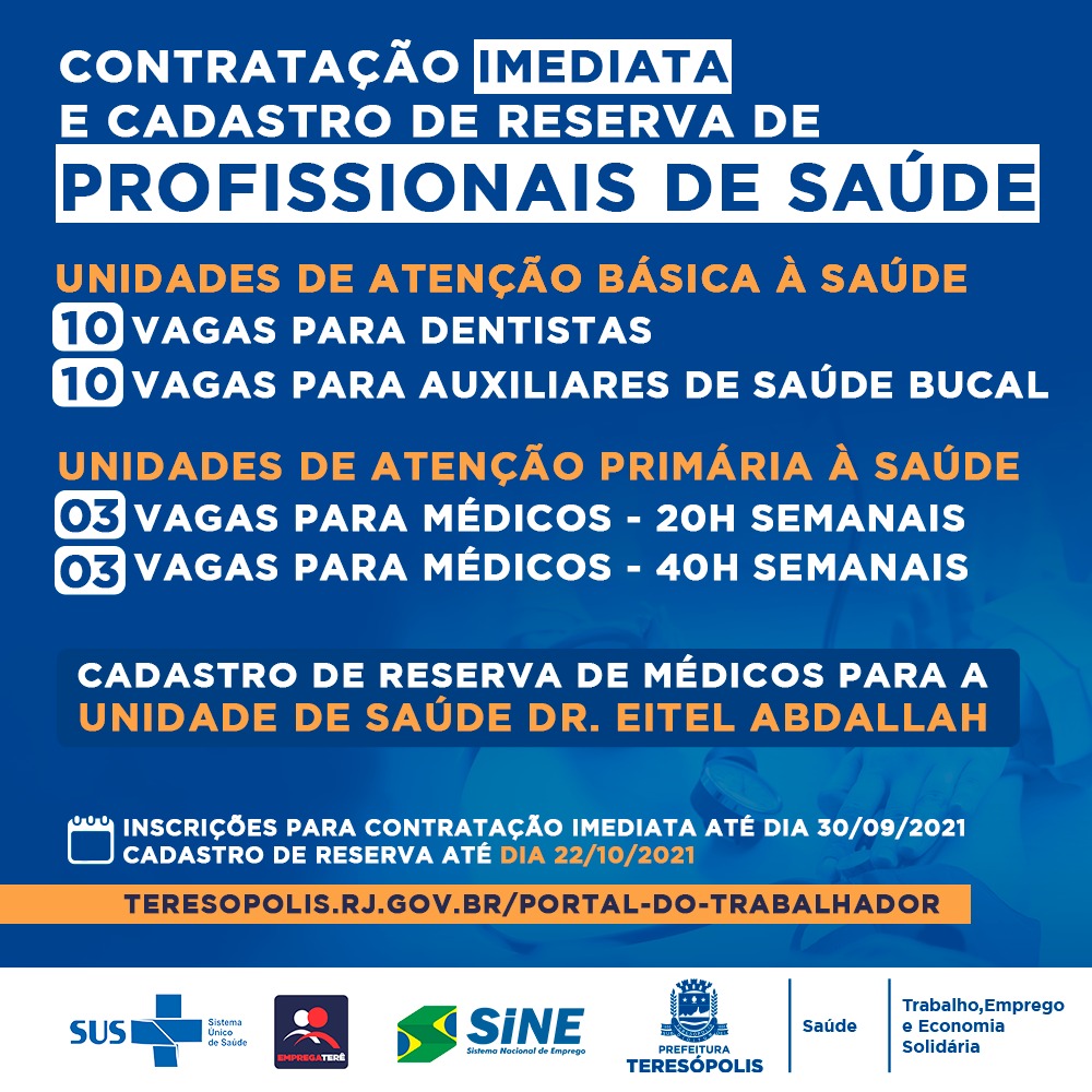 Teresópolis: prefeitura contrata profissionais de saúde para a Atenção Primária Oportunidades são para dentistas, auxiliares de saúde bucal e médicos