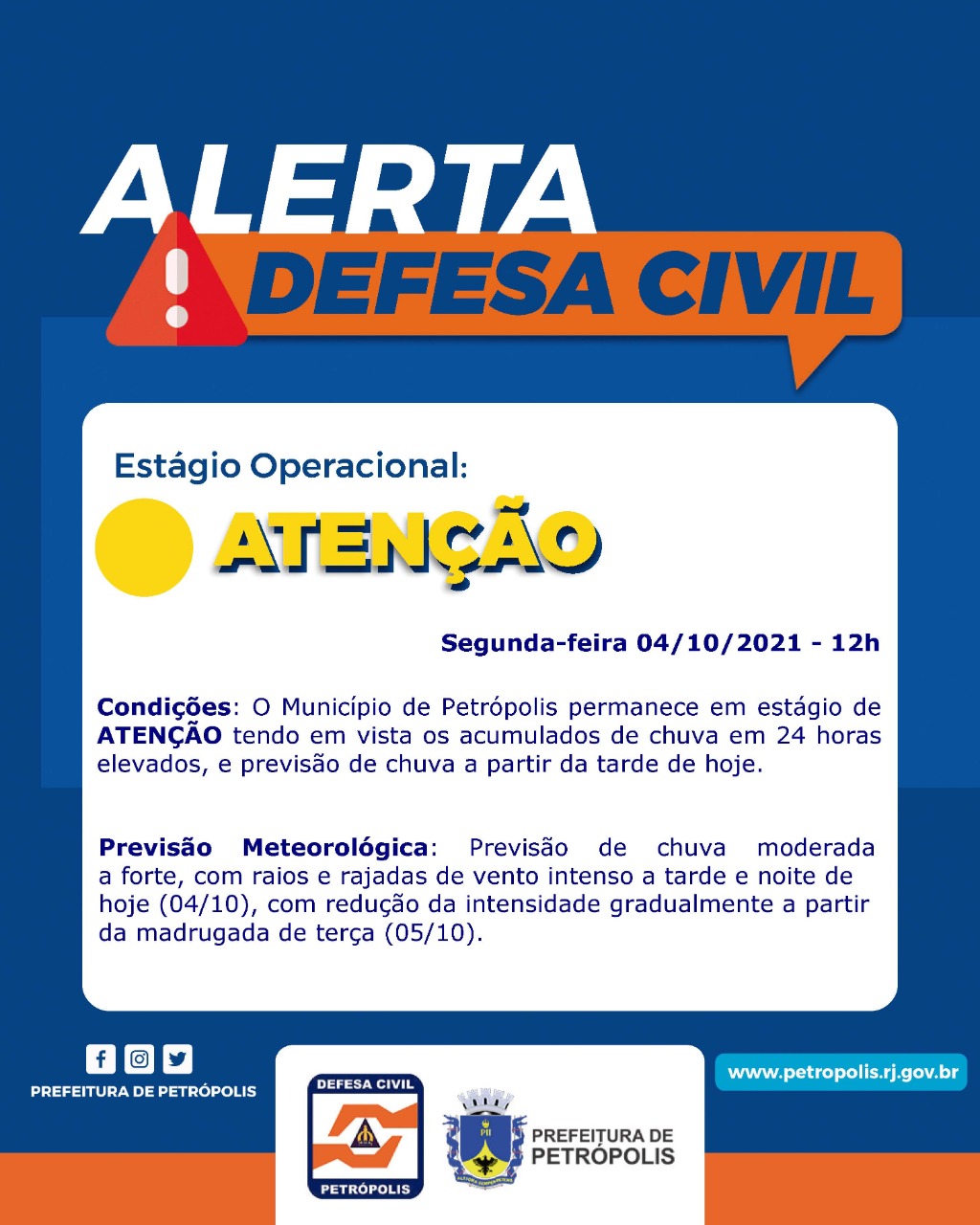 Defesa Civil de Petrópolis alerta para continuidade de tempo instável