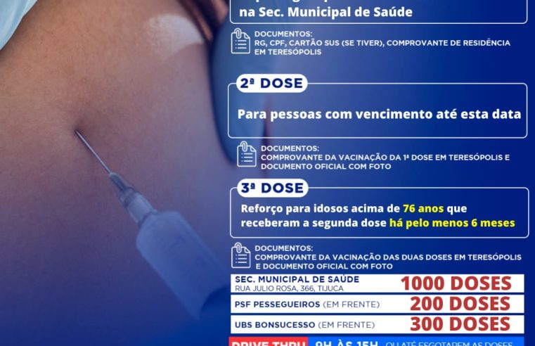 Teresópolis aplica hoje (05), dose de reforço contra a Covid-19, em idosos acima de 76 anos