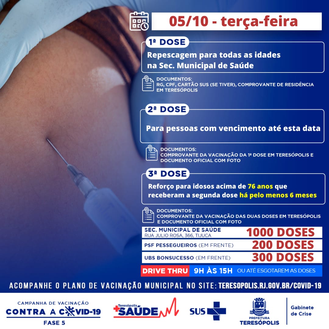 Teresópolis aplica hoje (05), dose de reforço contra a Covid-19, em idosos acima de 76 anos