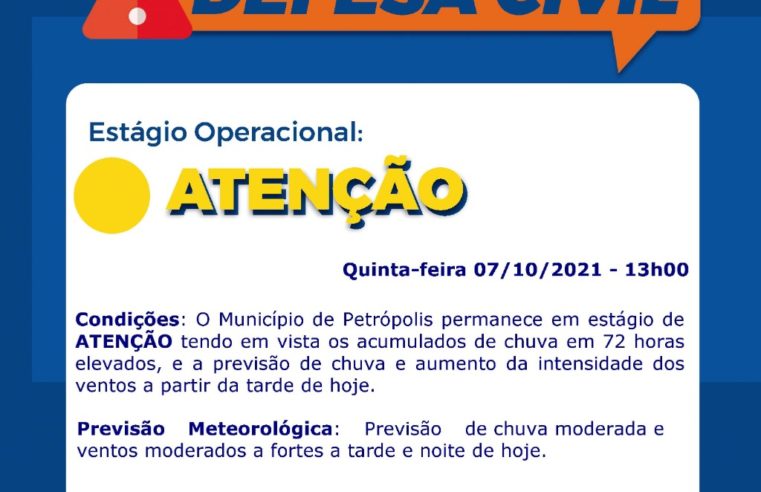 Defesa Civil atua em estágio operacional de atenção