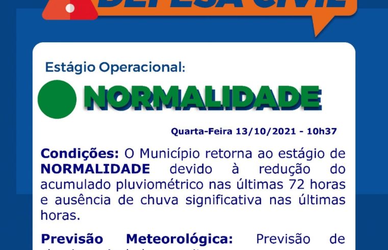 Defesa Civil retoma estágio operacional de normalidade