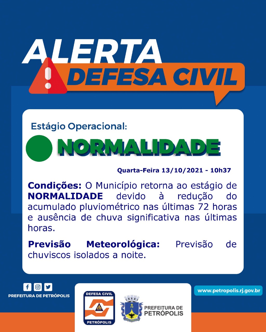 Defesa Civil retoma estágio operacional de normalidade