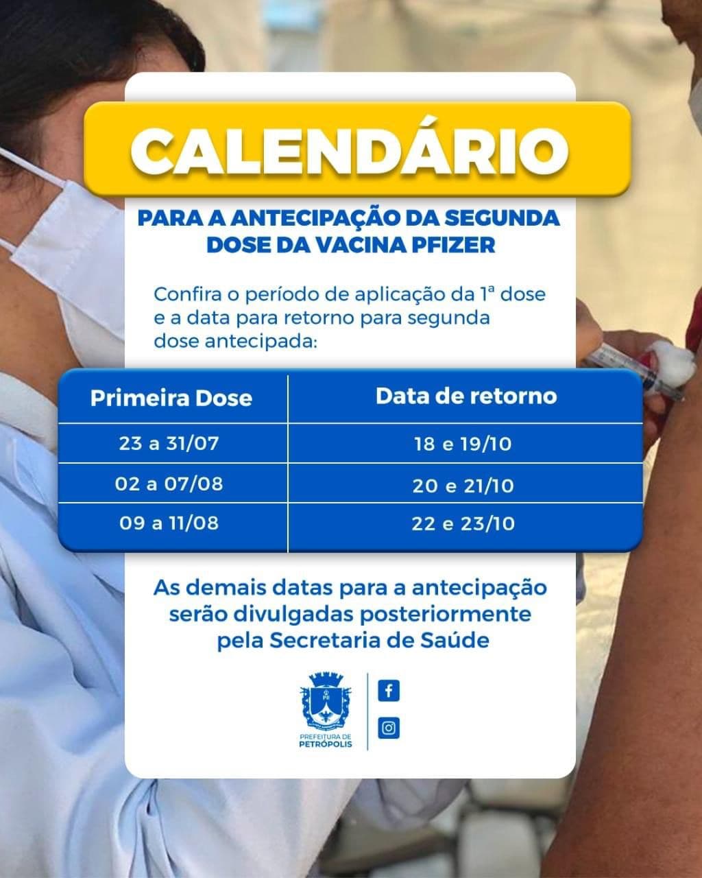 Prefeitura de Petrópolis divulga calendário para antecipação de segunda dose da vacina Pfizer