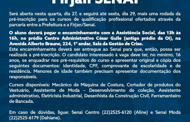 Secretaria de Assistência Social abre rodada extra para cursos gratuitos da Firjan/Senai