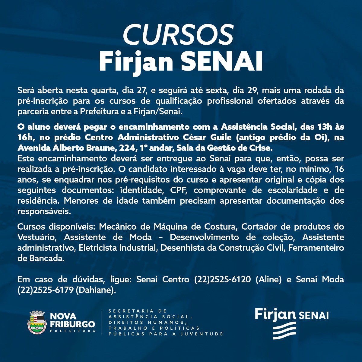 Secretaria de Assistência Social abre rodada extra para cursos gratuitos da Firjan/Senai