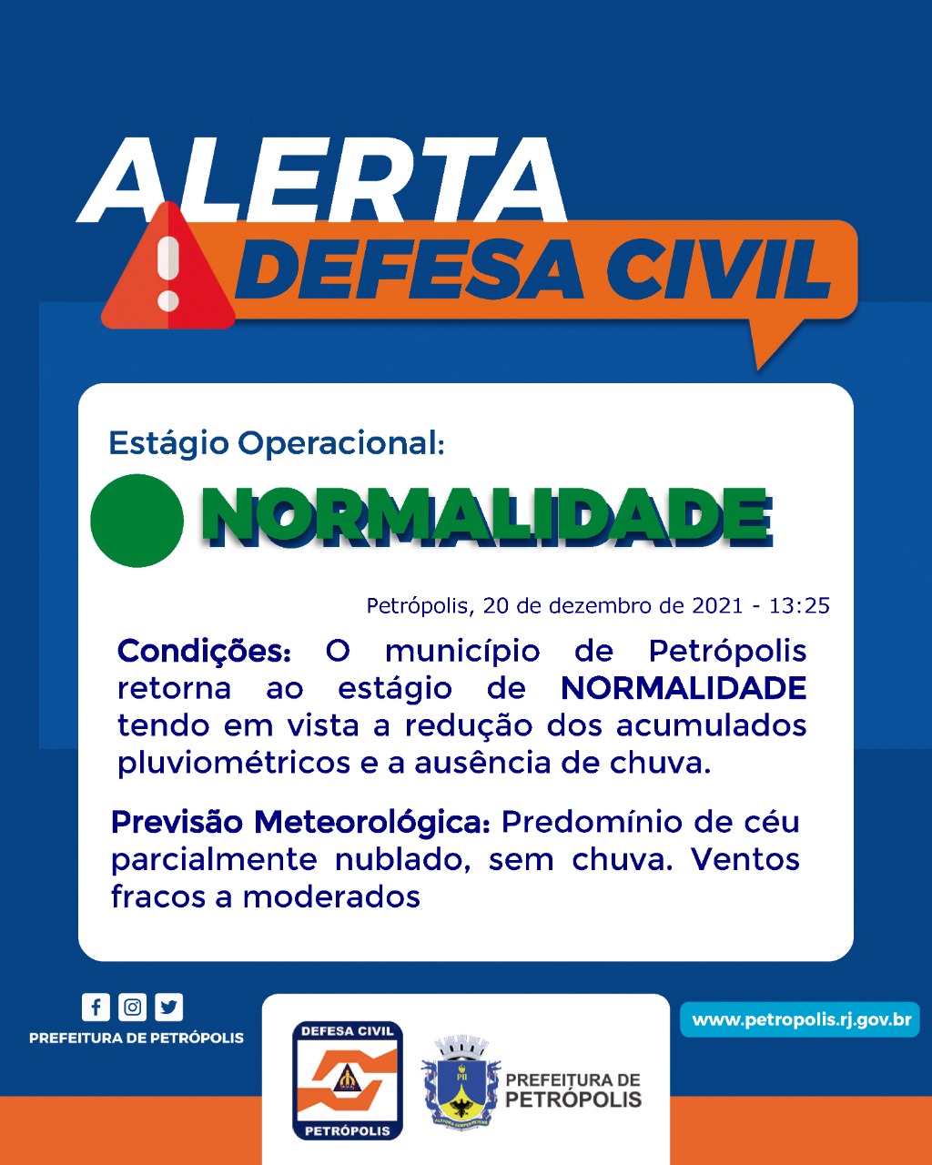 Município volta ao Estágio Operacional de Normalidade, mas Defesa Civil destaca previsão de chuva para os próximos dias