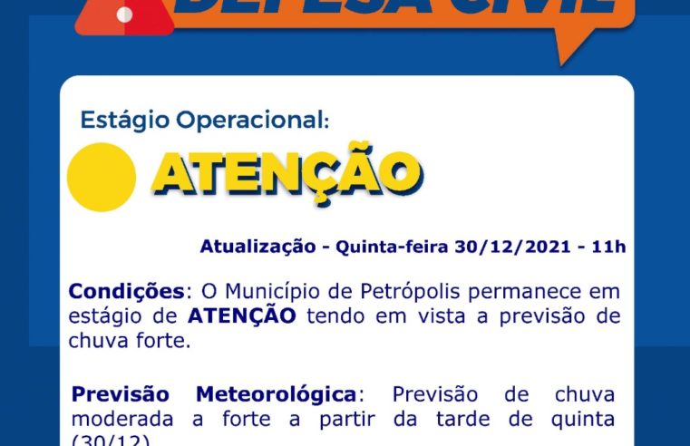 Defesa Civil mantém a cidade em estágio de atenção e informa a previsão de chuva que se estende até o dia 2 de janeiro