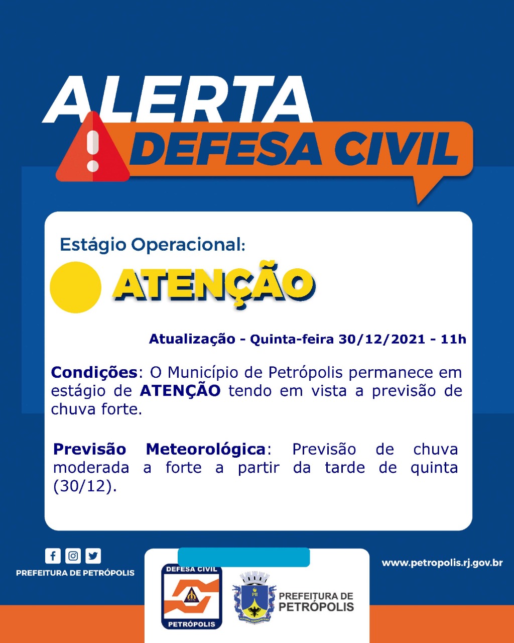 Defesa Civil mantém a cidade em estágio de atenção e informa a previsão de chuva que se estende até o dia 2 de janeiro
