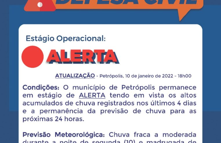 Defesa Civil reforça estágio de alerta com previsão de chuva para os próximos dias
