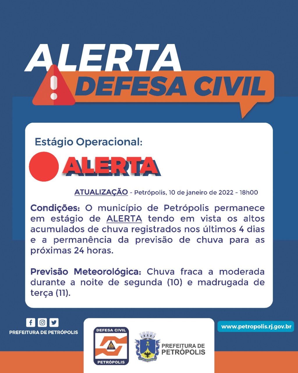 Defesa Civil reforça estágio de alerta com previsão de chuva para os próximos dias