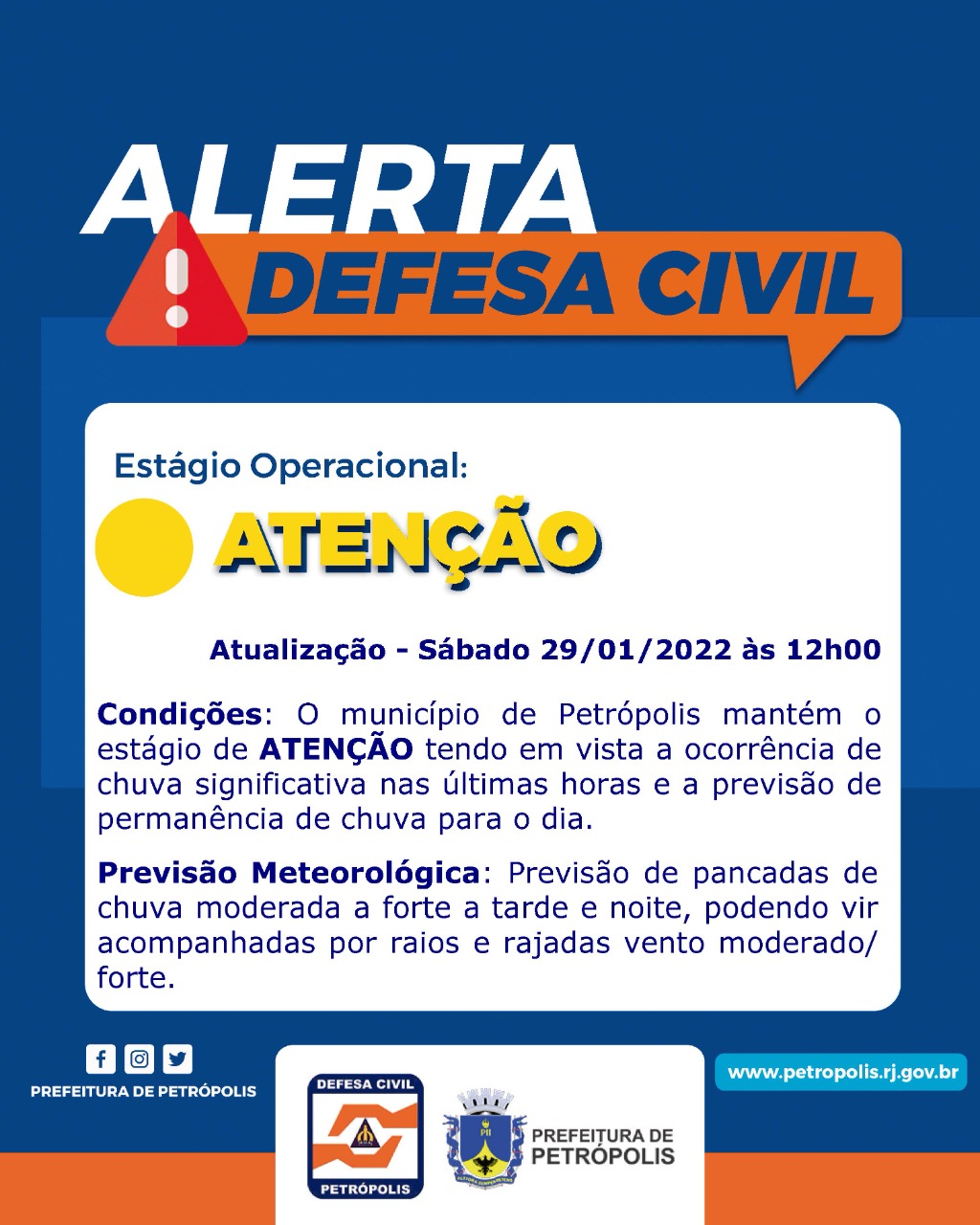 Previsão de chuva forte se mantém para este sábado e Defesa Civil volta a acionar as sirenes