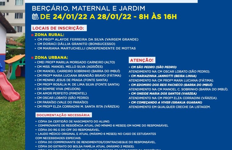 Ano letivo de 2022: Pré-matrícula para creches municipais e CMEI será realizada de 24 a 28 de janeiro