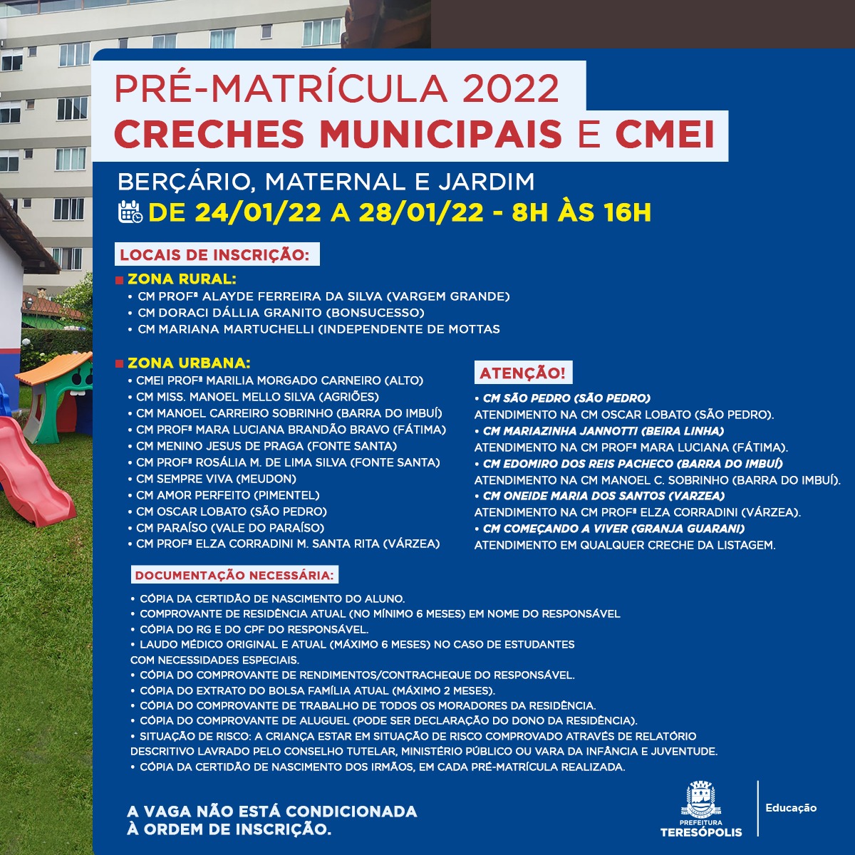 Ano letivo de 2022: Pré-matrícula para creches municipais e CMEI será realizada de 24 a 28 de janeiro