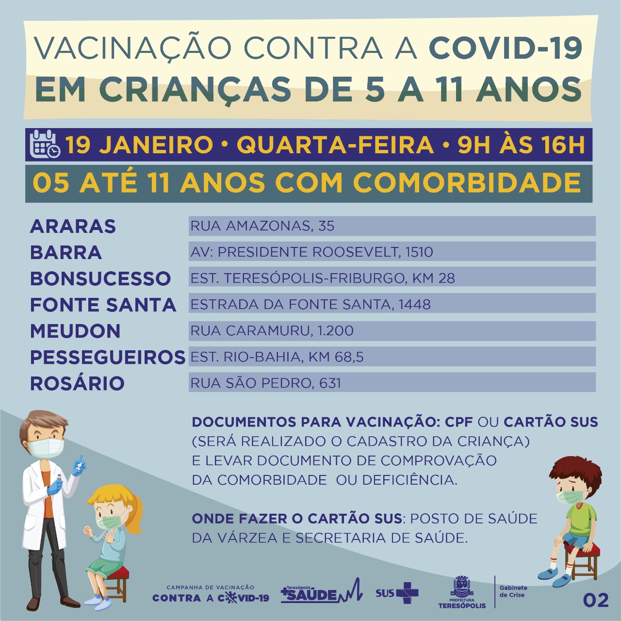 Prefeitura de Teresópolis aplica dose contra a Covid-19 no público infantil com 5 a 11 anos, com comorbidade, nesta quarta-feira (19)