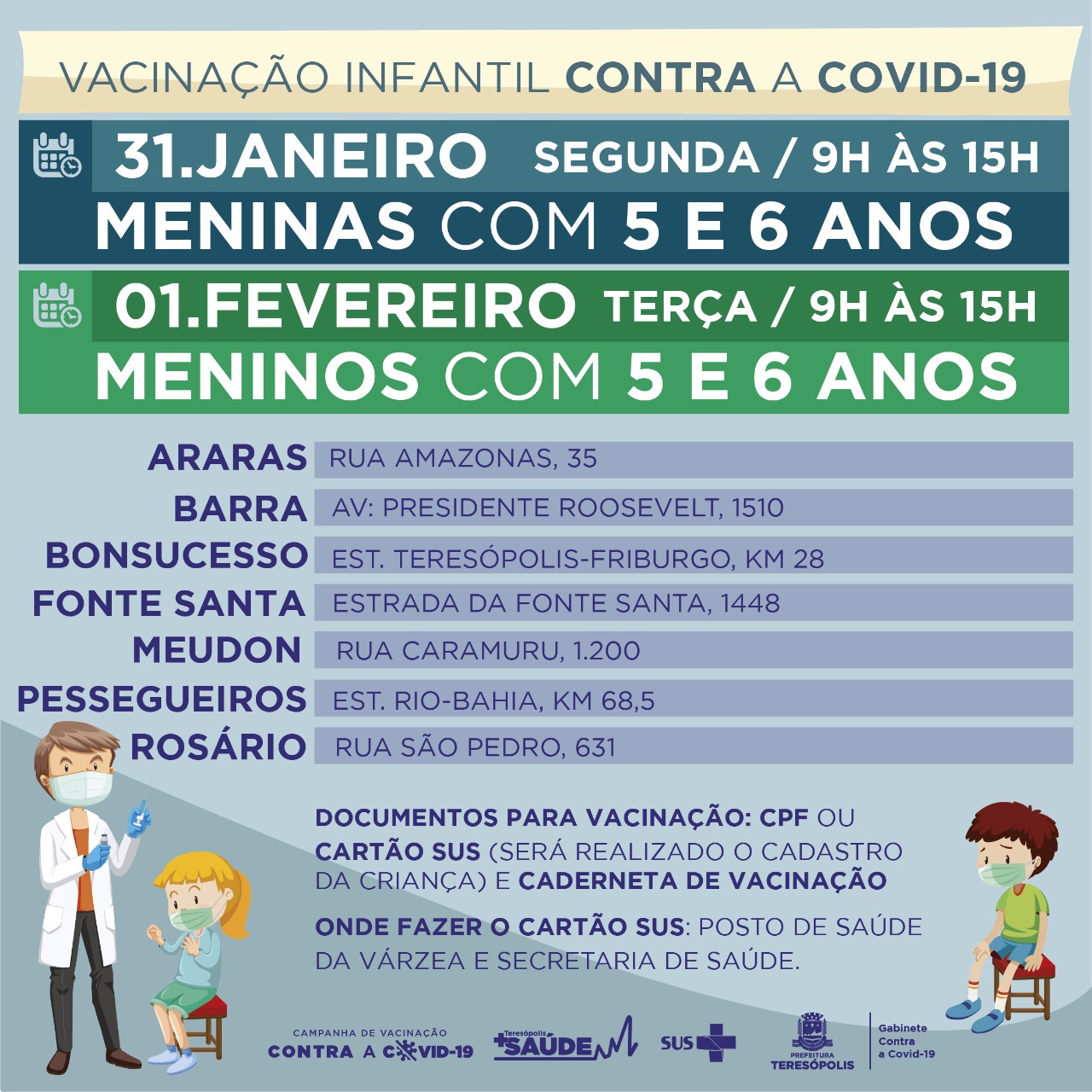 Teresópolis aplica vacina contra a Covid-19 em crianças de 5 e 6 anos sem comorbidades, hoje e 1º de fevereiro