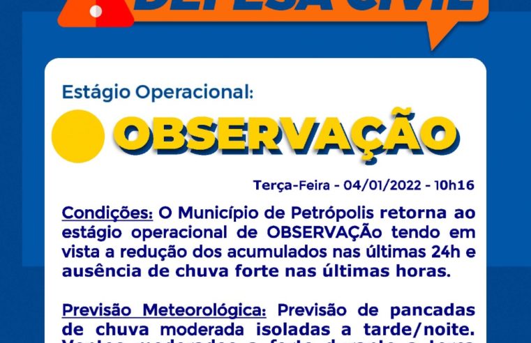 Defesa Civil de Petrópolis retorna a cidade para o estágio de observação e informa a previsão de pancada de chuva para esta terça