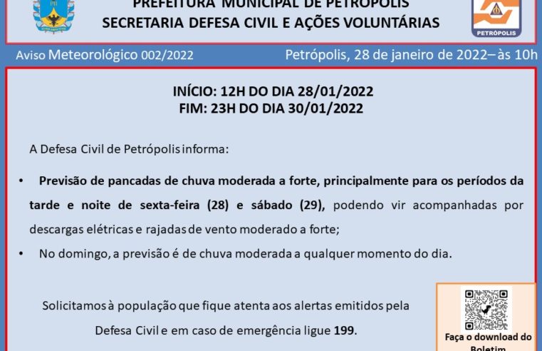 Em boletim meteorológico, Defesa Civil informa a previsão de chuva moderada a forte para o fim de semana