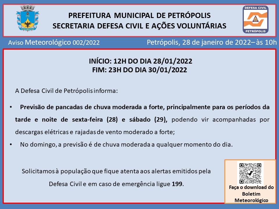 Em boletim meteorológico, Defesa Civil informa a previsão de chuva moderada a forte para o fim de semana