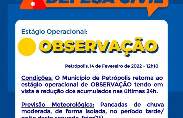 Defesa Civil mantém a cidade em estágio operacional de observação tendo em vista a previsão de chuva isolada para esta segunda (14)
