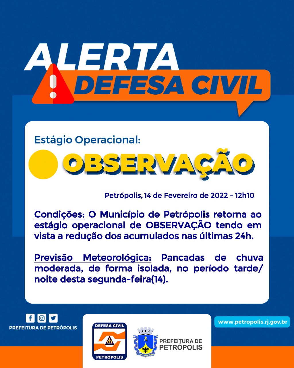 Defesa Civil mantém a cidade em estágio operacional de observação tendo em vista a previsão de chuva isolada para esta segunda (14)