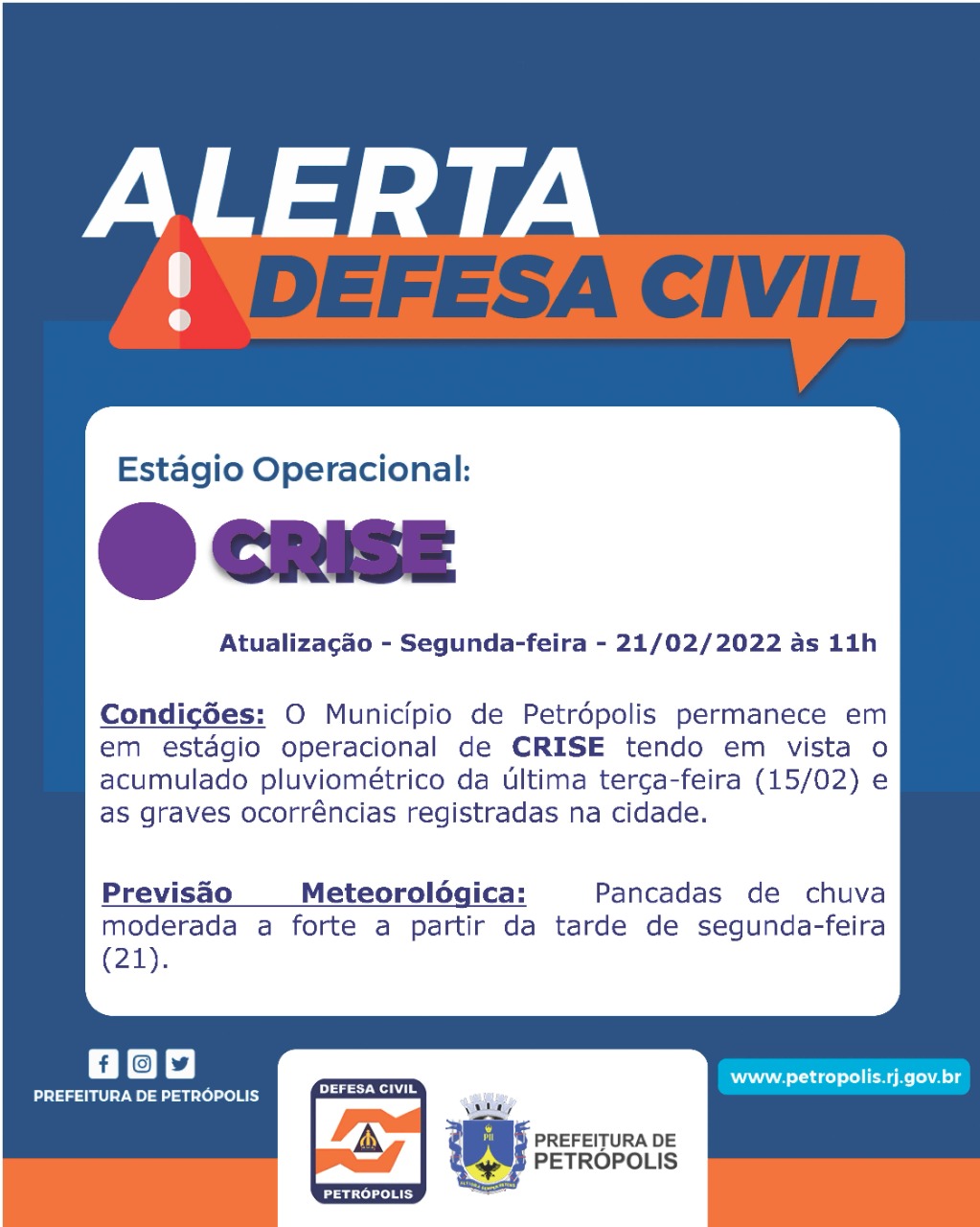 Defesa Civil alerta previsão de chuva moderada a forte que podem voltar a ocorrer na cidade nos períodos da tarde e noite desta segunda (21)