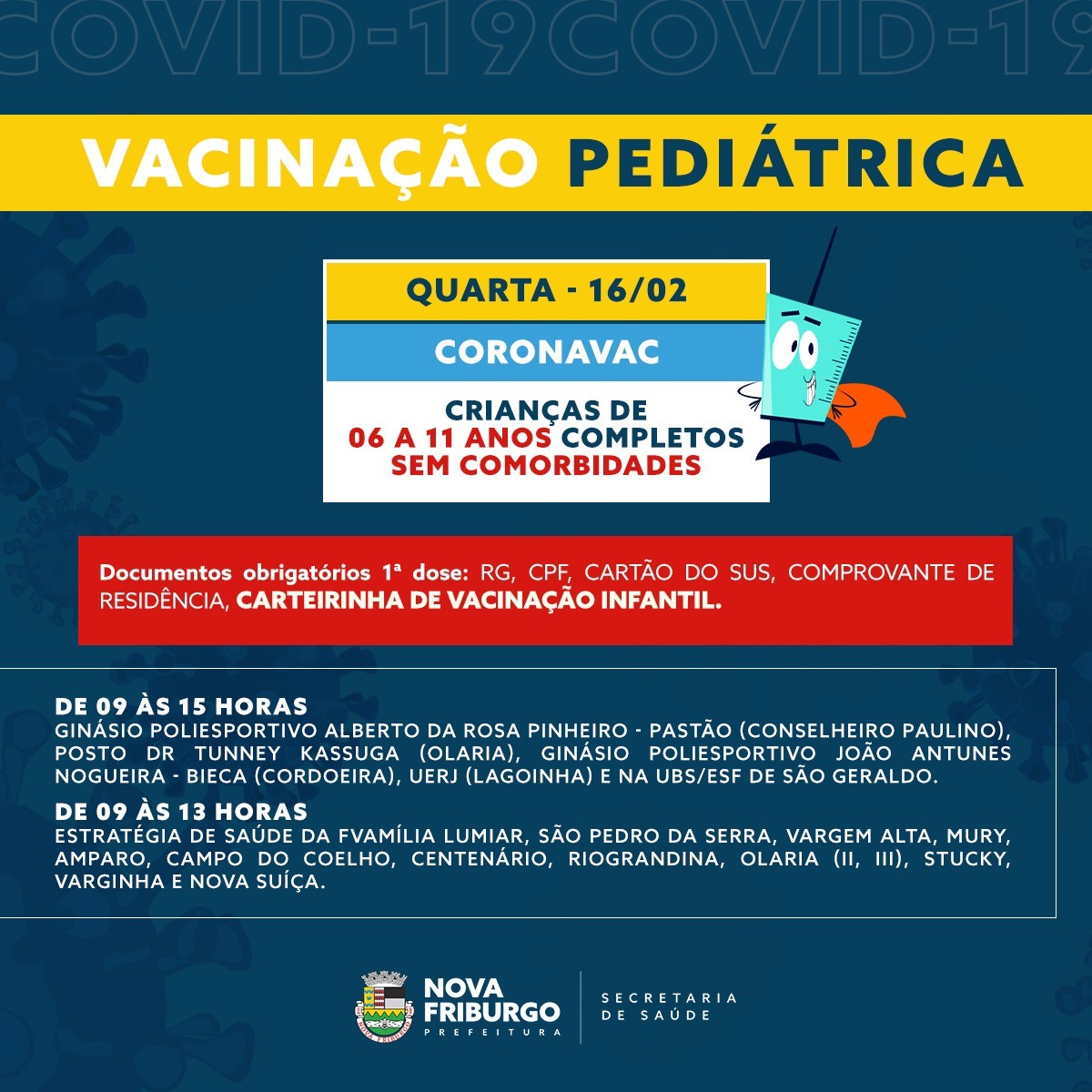 Nova Friburgo abre vacinação para crianças com mais de 6 anos e inicia aplicação da 4ª dose para imunossuprimidos