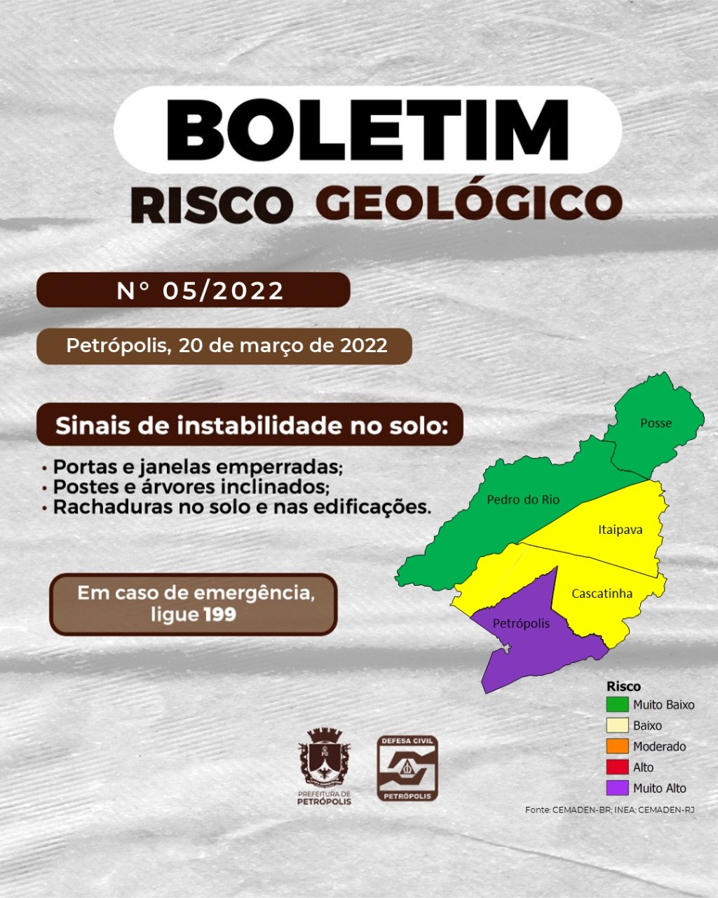 Defesa Civil emite Boletim Geológico para o alto risco de deslizamento no primeiro distrito