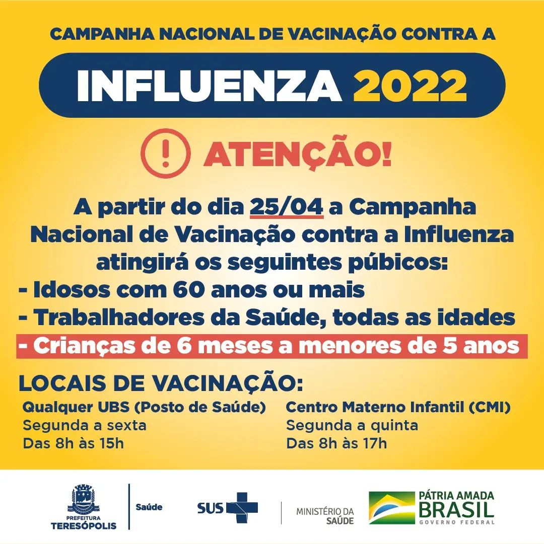 Crianças de 6 meses a 5 anos de Teresópolis de idade podem se imunizar contra a Influenza, a partir de segunda-feira (25)