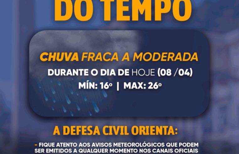 Defesa Civil informa: pode ter chuva de intensidade fraca a moderada na tarde desta sexta